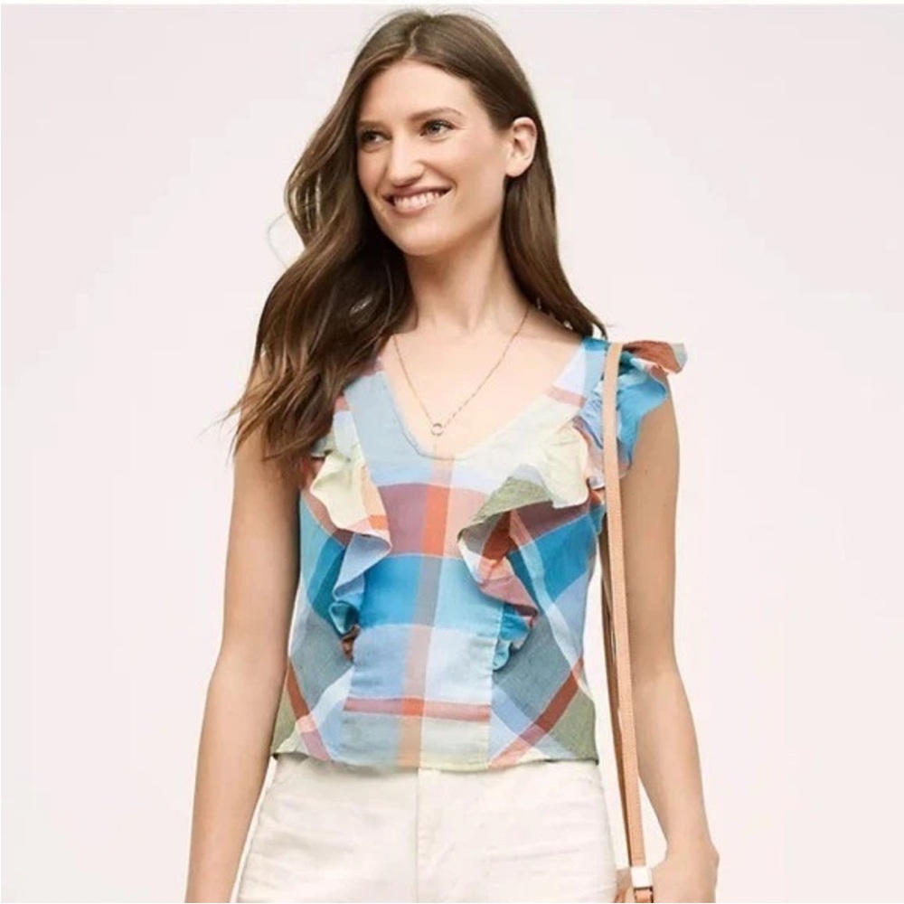 Anthropologie Maeve Drive In Plaid Tank Blouse Top Size 2 Blue Orange